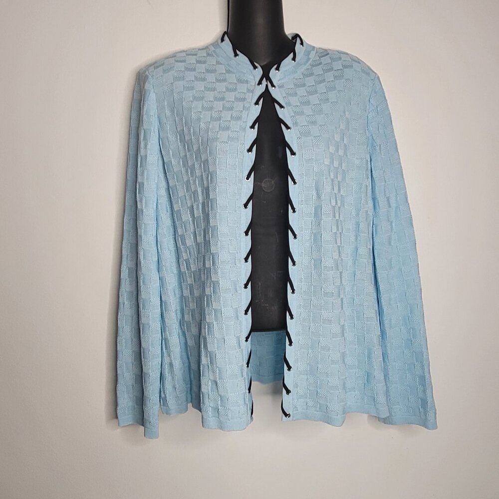 Ming Wang Womens Cardigan Medium Blue Acrylic Textured Block Knit Open Front